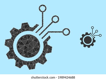 Icono de engranaje electrónico de baja polilla sobre fondo azul cielo. El vector del engranaje electrónico poligonal se llena de triángulos caóticos. Ilustración de icono poligonal de engranajes electrónicos triangulados.