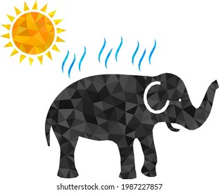 Low-poly elephant under sun heat combined with random filled triangles. Triangle elephant under sun heat polygonal 2d illustration. Elephant Under Sun Heat icon is filled with triangles.