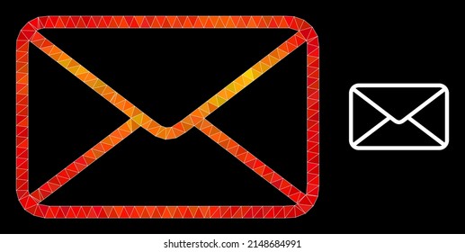 Low-Poly-Umschlag-Symbol mit feuerfloralem Farbverlauf. Triangulierte Flamme belebt Umschlag polygonale Symbolgrafik. Der polygonale Umschlagvektor besteht aus zufälligen, dynamischen Dreiecken.