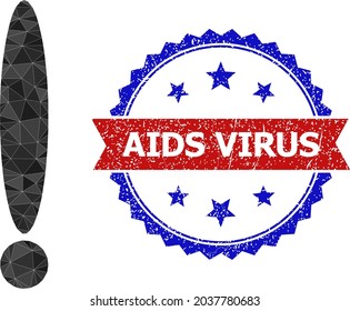 Lowpoly exclamation sign polygonal 2d illustration, and grunge bicolor rosette stamp imprint, in red and blue colors. Mosaic exclamation sign is composed of randomized colored triangles.