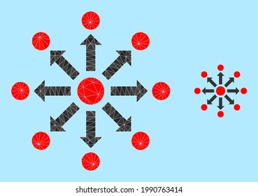 Icono de expansión de polos bajos en un fondo azul claro. Vector de expansión poligonal construido con triángulos caóticos. Ilustración de icono poligonal de expansión triangulada.
