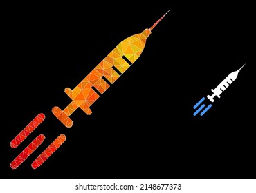 Icono de la vacuna expreso de baja polilla con gradiente vibrante de fuego. Ilustración de ícono poligonal de la vacuna rápida triangulada de color llama.
