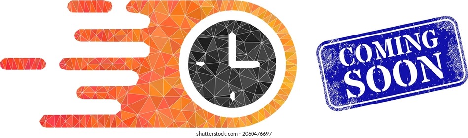 Low-poly fast clock constructed from random filled triangles, and grunge Coming Soon stamp. Blue rounded framed rectangular stamp has Coming Soon caption inside framed rectangle shape.