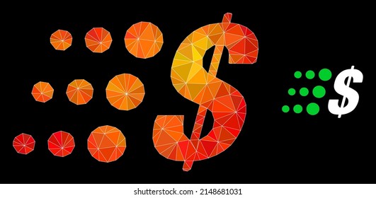 Low-poly fast dollar icon with fire colorful gradient. Triangulated fire colored fast dollar polygonal symbol illustration. Polygonal fast dollar vector is filled of chaotic bright triangles.