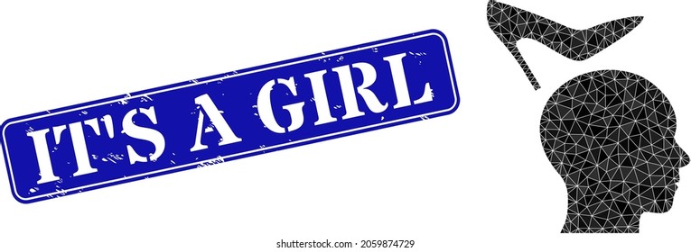 Low-poly female domination designed with randomized filled triangles, and grunge It'S a Girl stamp. Blue rounded framed rectangle stamp seal has It'S a Girl text inside framed rectangle shape.