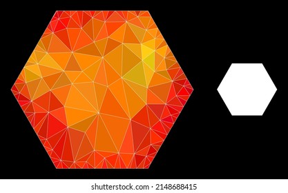 lowpoly filled hexagon icon with flame colored gradient. Triangulated orange colored filled hexagon polygonal 2d illustration. Polygonal filled hexagon vector is filled with chaotic colored triangles.