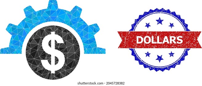 Lowpoly financial industry polygonal symbol illustration, and grunge bicolor rosette watermark, in red and blue colors. Collage financial industry formed with randomized filled triangles.