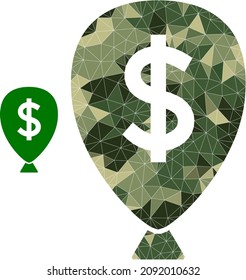  Low-poly financial inflation balloon icon combined with scattered khaki color triangles.