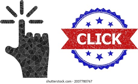 Lowpoly finger click polygonal 2d illustration, and grunge bicolor rosette stamp imprint, in red and blue colors. Collage finger click is formed with randomized color triangles.