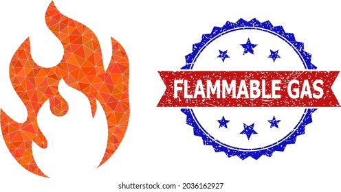 Low-poly fire flame polygonal 2d illustration, and grunge bicolor rosette watermark, in red and blue colors. Collage fire flame is formed of random color triangles.