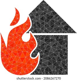 Low-poly fired house icon image is constructed with random filled triangles. Triangle fired house polygonal symbol vector illustration. Fired House icon is filled with triangles.