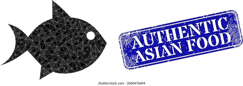 Low-poly fish constructed with random filled triangles, and grunge Authentic Asian Food stamp. Blue rounded framed rectangle stamp seal includes Authentic Asian Food text inside framed rectangle form.