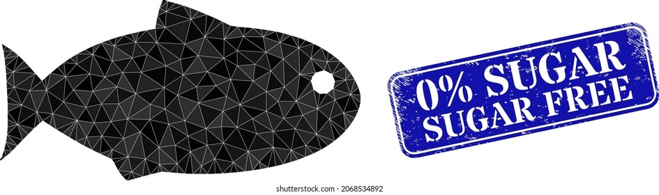 Low-poly fish designed with chaotic filled triangles, and grunge 0 discount Sugar Free seal. Blue rounded framed rectangle stamp seal has 0 discount Sugar Free title inside framed rectangle form.