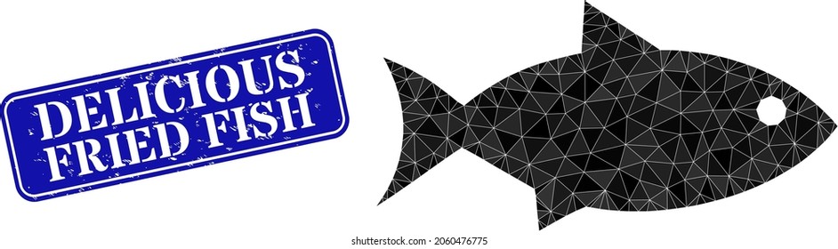 Low-poly fish designed with scattered filled triangles, and grunge Delicious Fried Fish stamp. Blue rounded framed rectangle stamp seal has Delicious Fried Fish text inside framed rectangle shape.