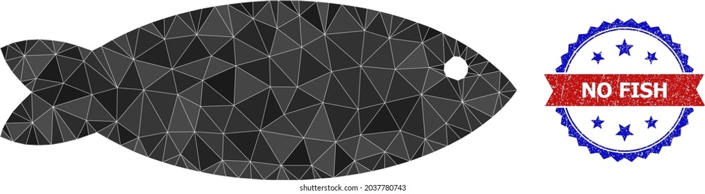 Low-poly fish polygonal 2d illustration, and grunge bicolor rosette watermark, in red and blue colors. Collage fish created of chaotic filled triangles. Rosette watermark uses red and blue colors.