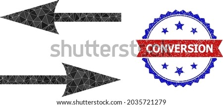 Lowpoly flip arrows polygonal 2d illustration, and grunge bicolor rosette stamp imprint, in red and blue colors. Mosaic flip arrows is formed of chaotic colored triangles.