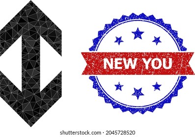 Lowpoly flip vertically polygonal icon illustration, and grunge bicolor rosette watermark, in red and blue colors. Mosaic flip vertically is created with scattered color triangles.