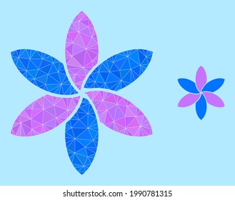 lowpoly flower icon on a light blue background. Polygonal flower vector filled with scattered triangles. Triangulated flower polygonal icon illustration.