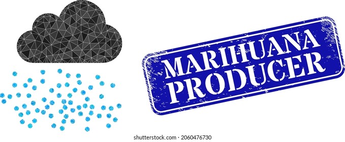 Low-poly fog cloud designed of scattered filled triangles, and grunge Marihuana Producer seal. Blue rounded framed rectangle stamp seal includes Marihuana Producer tag inside framed rectangle form.