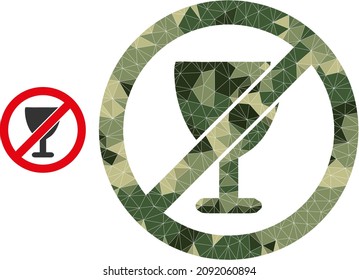 Lowpoly forbid wine glass icon is constructed with random camouflage filled triangle parts. Vector forbid wine glass icon in camouflage army style.