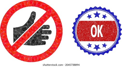 Lowpoly forbidden thumb up polygonal symbol illustration, and grunge bicolor rosette stamp imprint, in red and blue colors. Mosaic forbidden thumb up composed from randomized filled triangles.