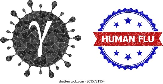 Low-poly Gamma covid virus polygonal symbol illustration, and grunge bicolor rosette stamp imprint, in red and blue colors. Mosaic Gamma covid virus designed of chaotic color triangles.