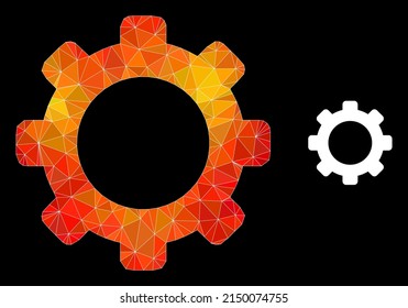 Low-poly gear icon with orange colored gradient. Triangulated orange colored gear polygonal icon illustration. Polygonal gear vector is constructed from scattered colored triangles.