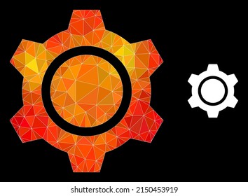 lowpoly gear icon with orange vibrant gradient. Triangulated orange colored gear polygonal icon illustration. Polygonal gear vector designed with chaotic colored triangles.