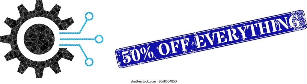 Low-poly gear interface combined with scattered filled triangles, and grunge 50 discount Off Everything seal stamp.