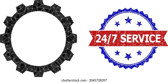 Ilustración poligonal de 2d y placa de rosette bicolor grunge, con colores rojo y azul. El equipo mosaico se compone de triángulos rellenos al azar. La impresión de rosette utiliza colores rojo y azul.