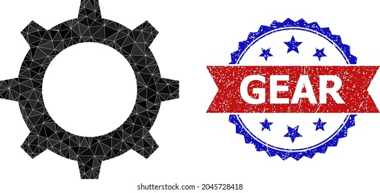 Low-poly gear polygonal icon illustration, and grunge bicolor rosette watermark, in red and blue colors. Mosaic gear composed of scattered colored triangles.
