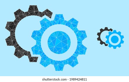 Low-Poly-Zahnräder Symbol auf hellblauem Hintergrund. Die Vektorgrafik der Polygonal-Zahnräder ist gefüllt mit zufälligen Dreiecken. Triangulierte Zahnräder polygonale Icon-Illustration.