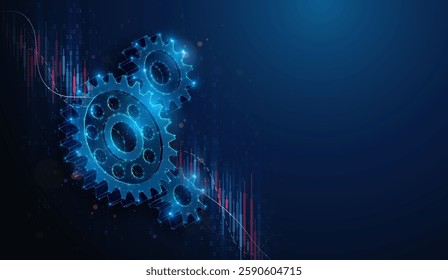 Lowpoly Gears Over Stock Market Crash Chart. Abstract geometric illustration on engineering development and manufacturing industry business evaluation concept by wireframe mesh on blue background