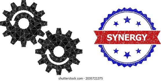 Lowpoly gears rotation polygonal symbol illustration, and grunge bicolor rosette seal stamp, in red and blue colors. Mosaic gears rotation is formed of random color triangles.
