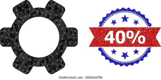 Low-poly gearwheel polygonal icon illustration, and grunge bicolor rosette stamp imprint, in red and blue colors. Collage gearwheel created of chaotic filled triangles.
