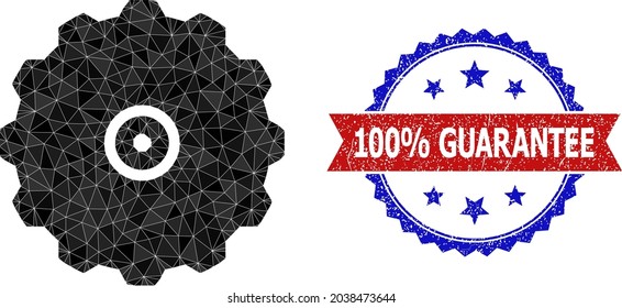 Low-poly gearwheel polygonal symbol illustration, and grunge bicolor rosette seal stamp, in red and blue colors. Collage gearwheel is composed of random color triangles.