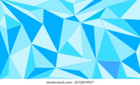 Um fundo geométrico de baixo-poli com um mosaico de triângulos interconectados em vários tons de azul e ciano, criando um padrão cristalino fresco.