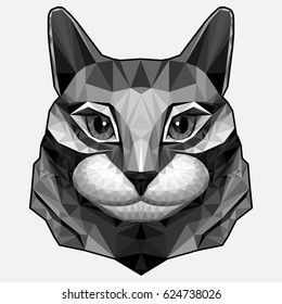 Lowpoly, geometric, fashionable design. Strict, serious. decorative. stylized cat made of triangles. Icon animal head in black and white colors. vector