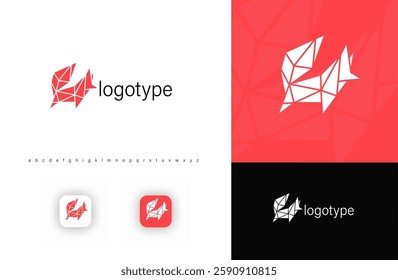 Lowpoly geometric fox logo with polygonal shapes, symbolizing agility, intelligence, and technology. Ideal for IT, startups, cybersecurity, AI, finance, and digital services. Vector origami logo.