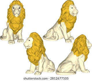 Low-poly geometric sculpture of a sitting lion showcasing detailed polygonal facets and majestic mane