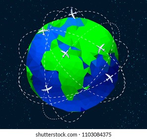 Low-poly globe and aircrafts around it. Travel and worldwide connection vector illustration.