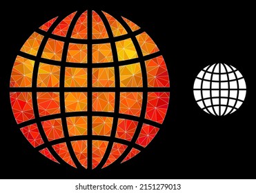 Icono de globo de baja polilla con gradiente vibrante de fuego. Icono poligonal triangulado de color de fuego. Vector de globo poligonal combinado con triángulos vibrantes caóticos.