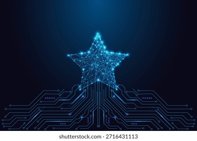 Low-poly glowing star emerging from a circuit board, representing rating systems, reviews, quality icons, digital success, UI design and futuristic tech. Neon blue polygon network vector illustration.
