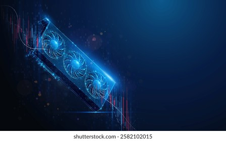 Lowpoly GPU Graphics Card Stock Market Crash Chart. Abstract geometric illustration on artificial intelligence computing hardware tech business evaluation concept by wireframe mesh on blue background