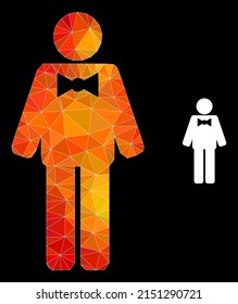 lowpoly groom icon with fire vibrant gradient. Triangulated flame vibrant groom polygonal symbol illustration. Polygonal groom vector filled from random colorful triangles.