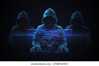 Low-poly hacker team silhouettes against dark blue backdrop. Digital fraud concept with geometric cyber criminals planning coordinated attack on network systems. Cyber security concept 