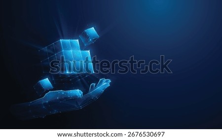 Low-Poly Hand Holding a Cube Formed from Smaller Cubes. Abstract Illustration Depicting Blockchain Technology and Cryptocurrency Fintech Concept with Wireframe Mesh on Blue Background with Copy Space.
