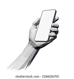 Low-Poly Hand Holding Smartphone With Blank Screen Over White Background, Vector Mock-up or Template