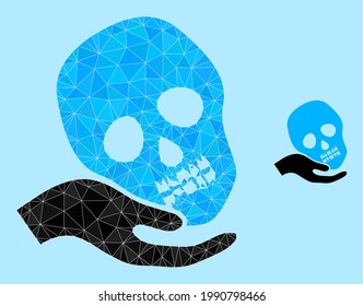 la mano baja sostiene un icono del cráneo sobre un fondo azul claro. La mano poligonal sostiene un vector cráneo diseñado a partir de triángulos caóticos. La mano triangulada sostiene la ilustración del símbolo poligonal del cráneo.