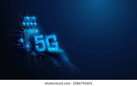 Lowpoly Hand Putting 5G to Hardware Chip. Abstract geometric illustration on 5 generation innovation wireless communication technology hardware development concept by wireframe mesh on blue background